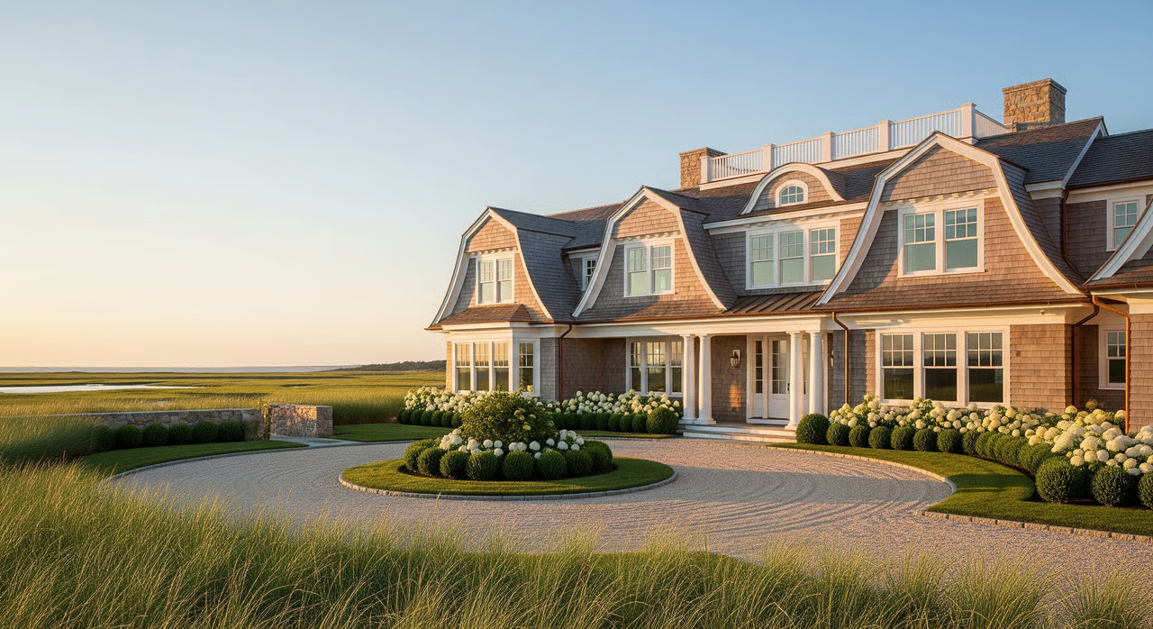 A large shingle-style estate home at golden hour